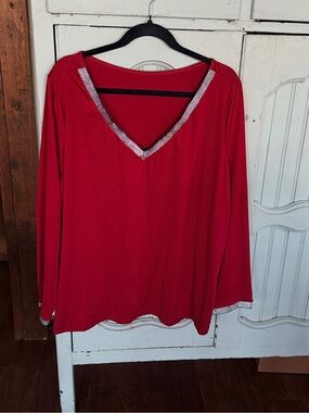 Red V-Neck Long Sleeve Top with Silver Trim